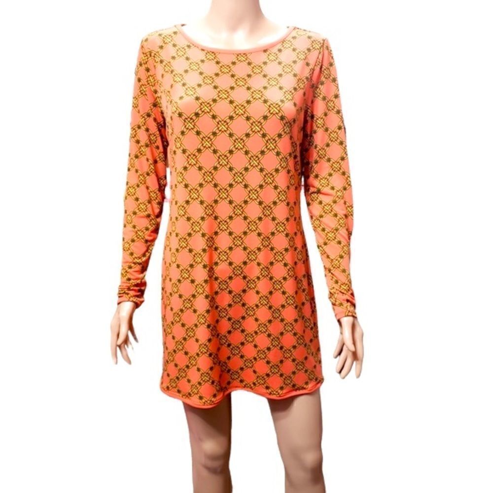 Michael Kors Orange Orange Gold Chain Print Long Sleeve Shift Dress Sz M